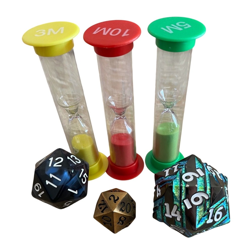 Set of 3 Mini Hourglasses 3 5 10 Minute Timers with D&D Dice